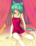  aqua_hair babydoll barefoot bed blue_eyes blush curtains hajim lingerie negligee panties pantyshot tail underwear 