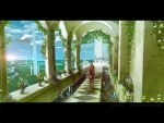  arch brown_hair crystal dress flag flower ivy letterboxed pillar plant potted_plant scenery tower 