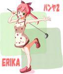 golf_club green_eyes hana happy no_socks pangya pink_hair polka_dot ponytail ribbon shoes smile take_(office-t) 