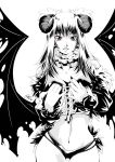  horns long_hair monochrome naughty_face open_mouth red_eyes smile spot_color thigh_gap wings 