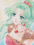  earrings final_fantasy final_fantasy_vi green_eyes green_hair jewelry long_hair necklace ponytail smile solo tina_branford traditional_media yukiou 