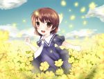  brown_eyes brown_hair clannad flower moccy okazaki_ushio petals running school_uniform short_hair 