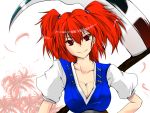  breasts highres onozuka_komachi red_eyes red_hair redhead scythe smile touhou twintails 