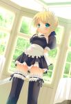  blonde_hair blush embarrassed fate/stay_night fate_(series) frown garters green_eyes maid maid_headdress panties ribbon saber sdwing thigh-highs thighhighs type-moon underwear window 