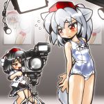  black_hair blush camcorder camera embarrassed grey_hair hat inubashiri_momiji lights name_tag one-piece_swimsuit red_eyes school_swimsuit shameimaru_aya swimsuit tail tokin_hat touhou tv_camera white_school_swimsuit winn wolf_ears wolf_tail 