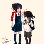  1boy 1girl alternate_costume backpack bag bandaid black_hair blue_eyes blush brown_eyes brown_hair dated dress green_neckwear hat itoh_(user_nxu9873) kimi_no_na_wa kneehighs long_sleeves miyamizu_mitsuha multicolored multicolored_ribbon petting pinafore_dress randoseru red_ribbon ribbon school_uniform shorts tachibana_taki twitter_username vest younger 