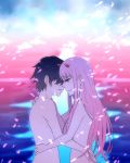  1boy 1girl black_hair breasts check_commentary commentary_request couple crying darling_in_the_franxx green_eyes hiro_(darling_in_the_franxx) horns hug long_hair nude oni_horns pink_hair red_horns short_hair tanukitsu0505 tears zero_two_(darling_in_the_franxx) 