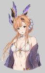  1girl adore_(adoredesu) bangs bare_shoulders bikini braid breasts brown_eyes brown_hair choker cleavage collarbone flower french_braid granblue_fantasy grey_background hair_flower hair_ornament head_wings long_hair looking_at_viewer medium_breasts navel sidelocks simple_background smile solo song_(granblue_fantasy) swimsuit waist white_bikini 