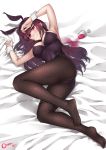  1girl absurdres animal_ears black_legwear blush breasts bunny_girl bunnysuit cup drinking_glass fate/grand_order fate_(series) full_body gins highres honeycomb_(pattern) large_breasts leotard long_hair lying no_shoes on_side pantyhose purple_hair purple_leotard rabbit_ears red_eyes scathach_(fate/grand_order) signature smile solo wine_glass wrist_cuffs 