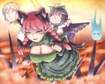  3girls alternate_breast_size animal_ears bird_wings black_hair braid breasts cat_ears cat_tail cleavage commentary_request extra_ears kaenbyou_rin komeiji_satori large_breasts multiple_girls multiple_tails pink_eyes red_eyes redhead reiuji_utsuho tail touhou twin_braids two_tails wings xialu_zajin 