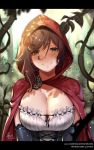  1girl bangs blouse breasts brown_hair cape cleavage cloak collarbone corset crescent_rose dress elbow_gloves elbow_sleeve forest frilled_dress frills gloves grey_eyes highres hood hooded_cloak large_breasts leaf lulu-chan92 nature outdoors petals plant red_cape rose_petals ruby_rose rwby smile vines 