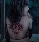  1girl artist_name back_tattoo bare_back boruto:_naruto_next_generations canoutsu commentary detached_sleeves english_commentary kakei_sumire long_hair looking_at_viewer looking_back naruto night purple_hair solo tattoo violet_eyes 