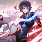  1boy 1girl bangs black_bodysuit black_hair blue_eyes blush bodysuit breasts broken_horn commentary_request crying crying_with_eyes_open darling_in_the_franxx eye_contact eyebrows_visible_through_hair fang green_eyes hair_between_eyes hiro_(darling_in_the_franxx) holding_hand horns long_hair looking_at_another medium_breasts open_mouth pilot_suit pink_hair profile tears tsuedzu upper_teeth very_long_hair white_bodysuit zero_two_(darling_in_the_franxx) 