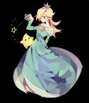  1girl bare_shoulders blonde_hair blue_eyes chiko_(mario) crown dress earrings hair_over_one_eye higa423 highres jewelry long_hair looking_at_viewer super_mario_bros. rosetta_(mario) simple_background solo star super_mario_bros. super_mario_galaxy wand 