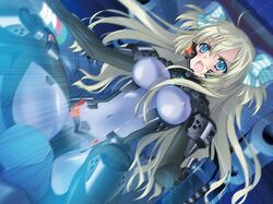  1girl blonde_hair blue_eyes blue_ribbon blush bodysuit bow breasts carnelian covered_navel crotch_plate emblem groin hair_bow legs_up liz_hohenstein long_hair muvluv muvluv_alternative official_art open_mouth pilot_suit piloting ribbon schwarzesmarken skin_tight spread_legs 