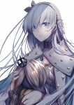  1girl anastasia_(fate/grand_order) bangs blue_eyes choker eyebrows_visible_through_hair eyes_visible_through_hair fate/grand_order fate_(series) floating_hair grey_hairband hair_between_eyes hair_over_one_eye highres holding_head jewelry long_hair looking_at_viewer necklace parted_lips rahato silver_hair simple_background solo upper_body very_long_hair white_background 