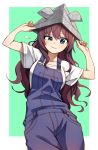  1girl blue_eyes brown_hair commentary_request hands_on_headwear ichinose_shiki idolmaster idolmaster_cinderella_girls long_hair overalls paper_hat shirt short_sleeves simple_background smile suspenders wavy_hair white_shirt youtike 