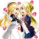  2girls black_sailor_collar blonde_hair blue_eyes blue_jacket blue_skirt commentary_request crossover dress gloves hair_ornament hat jacket jervis_(kantai_collection) kantai_collection kin-iro_mosaic kujou_karen kyon_(fuuran) long_hair long_sleeves multiple_girls one_eye_closed oomiya_shinobu open_clothes open_jacket open_mouth pleated_skirt sailor_collar sailor_dress seiyuu_connection short_sleeves skirt smile touyama_nao union_jack violet_eyes white_background white_gloves white_hat x_hair_ornament 