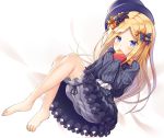  1girl abigail_williams_(fate/grand_order) bangs barefoot bed_sheet black_bow black_dress black_hat blonde_hair bloomers blue_eyes blush bow box bug butterfly commentary_request covered_mouth dress eyebrows_visible_through_hair fate/grand_order fate_(series) full_body gift gift_box hair_bow hat holding holding_gift insect long_hair long_sleeves looking_at_viewer misui orange_bow parted_bangs polka_dot polka_dot_bow sleeves_past_fingers sleeves_past_wrists solo underwear very_long_hair 