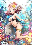  &gt;_&lt; :d air_bubble anklet bare_shoulders barefoot bikini black_bikini blue_eyes bracelet breasts bubble copyright_name day fish flower gambe hair_flower hair_ornament jewelry large_breasts light_rays looking_at_viewer manatee navel official_art open_mouth pink_flower pink_hair pink_rose qurare_magic_library red_flower red_rose rose short_hair smile swimsuit underwater watermark yellow_flower yellow_rose 