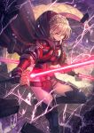  1girl armor armored_boots artoria_pendragon_(all) bangs black_coat black_gloves blonde_hair blue_footwear blurry boots braid breastplate closed_mouth clouds cloudy_sky coat commentary_request cracked_floor depth_of_field destruction double-blade dual_wielding electricity energy_sword excalibur expressionless fate/grand_order fate_(series) french_braid gloves glowing glowing_sword glowing_weapon hair_between_eyes hair_bun highres holding holding_sword holding_weapon hood hooded_coat kuroi_susumu leg_up lightsaber looking_at_viewer multicolored multicolored_eyes mysterious_heroine_x_(alter) one_leg_raised open_clothes open_coat outdoors red_eyes shiny shiny_hair short_hair sidelocks sky solo stone sword thigh-highs thigh_boots weapon wind yellow_eyes 