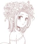  1girl bangs bare_shoulders blush detached_sleeves elaine flower_wreath greyscale harumiya head_wreath looking_at_viewer monochrome nanatsu_no_taizai ribbon-trimmed_sleeves ribbon_trim short_hair sketch smile 