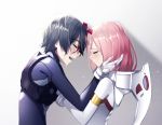  1boy 1girl :d armlet black_bodysuit black_hair blood blood_on_face blush bodysuit broken_horn closed_eyes crying darling_in_the_franxx facing_another forehead-to-forehead from_side gradient gradient_background grey_background hand_on_another&#039;s_cheek hand_on_another&#039;s_face happy_tears hiro_(darling_in_the_franxx) light_particles long_hair open_mouth parted_lips pilot_suit pink_hair shiny shiny_clothes shiny_hair smile tears the_cold upper_body white_bodysuit zero_two_(darling_in_the_franxx) 