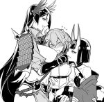 3girls @_@ arm_grab armor bangs belt blush bob_cut bodysuit breasts collarbone covered_navel eyebrows_visible_through_hair eyeshadow fangs fate/grand_order fate_(series) fingernails flying_sweatdrops fujimaru_ritsuka_(female) greyscale hair_between_eyes hair_ornament hair_scrunchie headgear headpiece horns hug in_kai japanese_armor japanese_clothes kimono kote large_breasts long_hair long_sleeves makeup medium_breasts medium_hair minamoto_no_raikou_(fate/grand_order) monochrome multiple_girls off_shoulder one_side_up oni oni_horns open_clothes open_kimono open_mouth revealing_clothes rope scrunchie short_eyebrows short_hair shuten_douji_(fate/grand_order) simple_background small_breasts smile sweat tabard uniform upper_body very_long_hair white_background wide_sleeves 