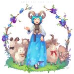  1girl 2015 bell bell_collar blue_hair blue_skirt bow bowtie collar cuffs curled_fingers curled_horns floral_print flower goat_horns hair_flower hair_ornament hanbok happy_new_year horns korean_clothes long_skirt long_sleeves new_year one_eye_closed open_mouth original pagom pointy_ears ribbon short_hair skirt skirt_hold solo vest yellow_eyes 
