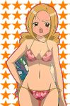  ahoge bare_shoulders bikini blonde_hair brown_eyes collarbone female hand_on_hip long_hair looking_at_viewer navel ojamajo_doremi open_mouth signature solo star starry_background swimsuit tamaki_reika 
