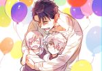  1girl 2boys balloon blush casual closed_eyes closed_mouth eyebrows_visible_through_hair family fate/grand_order fate_(series) father_and_daughter father_and_son galahad_(fate) grand_dobu hair_between_eyes holding_balloon hug hug_from_behind lancelot_(fate/grand_order) mash_kyrielight multiple_boys one_eye_covered open_mouth purple_hair short_hair smile yellow_eyes 