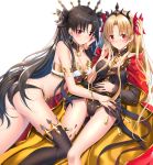  2girls arm_support asymmetrical_legwear asymmetrical_sleeves bangs bare_shoulders between_breasts black_bow black_dress black_legwear black_panties blonde_hair blush bow breasts brown_hair cape cleavage closed_mouth collarbone commentary_request dress earrings ereshkigal_(fate/grand_order) eyebrows_visible_through_hair fate/grand_order fate_(series) fingernails groin hair_bow highres hood hood_down hooded_cape infinity ishtar_(fate/grand_order) jewelry large_breasts long_hair long_sleeves looking_at_viewer lying multicolored multicolored_cape multicolored_clothes multiple_girls on_back on_side panties parted_bangs red_bow red_cape red_eyes revealing_clothes simple_background single_detached_sleeve single_sleeve single_thighhigh skull smile spine swordsouls thigh-highs tiara tohsaka_rin two_side_up underwear very_long_hair white_background yellow_cape 