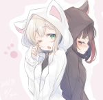  2girls ;o animal_hood back-to-back bang_dream! bangs black_jacket blush cat_hood dated green_eyes grey_hair half-closed_eyes hood hood_up hooded_jacket jacket looking_at_viewer multicolored_hair multiple_girls nekotemari okusawa_misaki one_eye_closed outline paw_pose pink_background redhead rubbing_eyes short_hair sleeves_past_wrists streaked_hair tsurumaki_kokoro upper_body violet_eyes white_jacket white_outline 