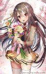  1girl :d blush bouquet brown_hair brown_jacket cherry_blossoms choker collared_shirt copyright_request cowboy_shot flower gambe hair_between_eyes hair_ribbon highres holding holding_flower jacket long_hair long_sleeves looking_at_viewer official_art open_mouth petals pleated_skirt red_choker red_eyes ribbon shirt skirt smile solo standing thigh-highs tree watermark white_legwear white_shirt wing_collar yellow_ribbon yellow_skirt 