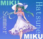  1girl bare_arms blue_background character_name dress floating_hair green_eyes green_hair hair_between_eyes hat hatsune_miku highres long_hair looking_at_viewer smile solo strapless strapless_dress sun_hat twintails vocaloid 