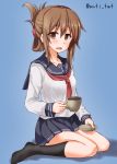  1girl anchor_symbol anti_(untea9) black_legwear black_sailor_collar black_skirt blue_background brown_hair commentary_request cup folded_ponytail hair_ornament hairclip highres inazuma_(kantai_collection) kantai_collection kneehighs long_hair looking_at_viewer neckerchief open_mouth pleated_skirt red_neckwear sailor_collar saucer school_uniform serafuku simple_background sitting skirt solo teacup twitter_username wariza 
