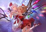  2girls :d bare_arms bare_legs bare_shoulders bat_wings black_gloves blonde_hair blue_eyes bright_pupils closed_mouth commentary_request dress fang flandre_scarlet flower from_side gloves hair_ribbon hand_holding high_heels indoors interlocked_fingers lavender_hair looking_at_viewer makai_no_juumin multiple_girls one_side_up open_mouth pointy_ears red_dress red_eyes red_flower red_footwear red_ribbon red_rose remilia_scarlet ribbon rose shoes short_dress short_hair siblings sisters smile touhou v-shaped_eyebrows white_dress white_gloves wings 