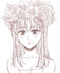  1girl bangs blush breasts cleavage collarbone diane_(nanatsu_no_taizai) flower_wreath harumiya head_wreath long_hair looking_at_viewer nanatsu_no_taizai parted_lips sketch smile 