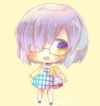  1girl :d bag bangs black-framed_eyewear black_footwear blush bow chibi commentary_request dress eyebrows_visible_through_hair fate/grand_order fate_(series) fou_(fate/grand_order) full_body glasses hair_over_one_eye jacket kouu_hiyoyo long_sleeves mash_kyrielight open_clothes open_jacket open_mouth plaid plaid_dress purple_hair red_bow semi-rimless_eyewear short_hair shoulder_bag smile solo standing twitter_username under-rim_eyewear violet_eyes white_dress yellow_background yellow_jacket 