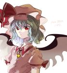  1girl :/ artist_name asuku_(69-1-31) bangs blue_hair buttons closed_mouth collared_shirt demon_wings dress_shirt flat_chest hair_between_eyes hat hat_ribbon highres looking_at_viewer mob_cap pink_hat pink_shirt pixiv_id puffy_short_sleeves puffy_sleeves red_eyes red_ribbon remilia_scarlet ribbon shirt short_hair short_sleeves simple_background solo touhou upper_body white_background white_wings wings 