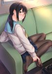  1girl bangs black_hair black_legwear blush brown_eyes couch feet from_side highres indoors kyuuso_inukami loafers long_hair looking_at_viewer low_twintails nose_blush on_couch original parted_lips school_uniform serafuku shoes shoes_removed sidelocks sitting soles solo sweater thighs toes tsurime twintails 