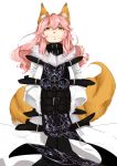  1girl animal_ears breasts carrot-kun cosplay fate/grand_order fate_(series) fox_ears fox_tail highres koumajou_densetsu koumajou_densetsu_2 large_breasts long_hair looking_at_viewer pink_hair simple_background solo tail tamamo_(fate)_(all) tamamo_no_mae_(fate) touhou white_background yakumo_ran yakumo_ran_(cosplay) yellow_eyes 