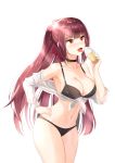  1girl armpits bikini black_bikini bow breasts choker cleavage eyebrows_visible_through_hair food girls_frontline hair_bow hand_on_hip hips ice_cream large_breasts long_hair navel red_bow red_eyes redhead solo sugarv sweat swimsuit thighs tongue wa2000_(girls_frontline) 