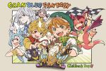  2girls 4boys alec_(granblue_fantasy) alternate_costume blonde_hair bow bowtie brown_gloves checkered checkered_flag copyright_name erune fang fingerless_gloves flag freckles glass glasses gloves granblue_fantasy green_hat hat heterochromia kodomo_no_hi leona_(granblue_fantasy) long_hair minaba_hideo multiple_boys multiple_girls noa_(granblue_fantasy) official_art open_mouth orange_hair outside_border screwdriver silver_hair simple_background smile spiky_hair syr_(granblue_fantasy) tan_background thelonim toy_car vee_(granblue_fantasy) 