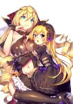  2girls :p black_dress black_legwear blonde_hair blue_eyes breasts center_opening character_request circlet cleavage copyright_request curly_hair dress hairband hand_to_own_mouth hug lolita_hairband long_hair multiple_girls navel open_mouth shennai_misha sitting smile thigh-highs tongue tongue_out very_long_hair violet_eyes 