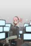 1girl breasts character_name commentary_request ctr doremi electric_socket feet_out_of_frame grey_hoodie headphones highres hood hoodie knees_together_feet_apart large_breasts long_sleeves looking_at_viewer nitroplus off_shoulder pink_eyes pink_hair pink_legwear ponytail sidelocks sitting smile solo super_sonico television thigh-highs thighhighs_pull 