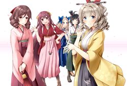  5girls ahoge anchor asakaze_(kantai_collection) bangs black_hair blonde_hair blue_bow blue_eyes blue_hair blunt_bangs blush boots bow brown_footwear brown_hair cross-laced_footwear drill_hair furisode gloves green_eyes green_hakama gudon_(iukhzl) hair_between_eyes hair_bow hair_ornament hair_ribbon hakama hakama_skirt hat hatakaze_(kantai_collection) hatsukaze_(kantai_collection) high_heel_boots high_heels japanese_clothes kamikaze_(kantai_collection) kantai_collection kimono knee_boots lace-up_boots light_brown_hair long_hair long_sleeves looking_at_viewer matsukaze_(kantai_collection) meiji_schoolgirl_uniform mini_hat mini_top_hat multiple_girls open_mouth pink_hair pink_hakama pleated_skirt ponytail purple_hair red_eyes red_ribbon ribbon school_uniform short_hair sidelocks skirt smile swept_bangs tareme tasuki top_hat tsurime vest violet_eyes wavy_hair white_gloves wide_sleeves yellow_bow yellow_kimono yellow_ribbon 