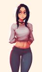  1girl arm_behind_back black_hair breasts carlos_eduardo choker commentary green_eyes highres lips long_hair looking_away looking_to_the_side medium_breasts midriff navel original pants rolling_eyes simple_background solo standing thighs tight tight_pants yellow_background 