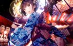  1girl :d aerial_fireworks atha_(leejuiping) bangs blue_kimono blurry blurry_background blush bow brown_hair candy_apple commentary_request depth_of_field dutch_angle eyebrows_visible_through_hair fireworks floral_print food fox_mask from_behind hair_ornament highres holding holding_food japanese_clothes kimono kooribata long_sleeves looking_at_viewer looking_back mask mask_removed night night_sky obi open_mouth original outdoors print_kimono red_bow sash sky smile solo summer_festival violet_eyes wide_sleeves yukata 