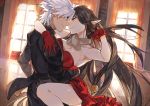  1boy 1girl alternate_costume amakusa_shirou_(fate) black_hair cocktail_dress dark_skin dress earrings fate/apocrypha fate_(series) formal fur_trim gloves hand_around_neck hand_on_another&#039;s_hip hand_on_another&#039;s_shoulder jewelry leg_up looking_at_another pointy_ears red_dress red_gloves semiramis_(fate) strapless strapless_dress suit white_hair window yellow_eyes yinghuo 